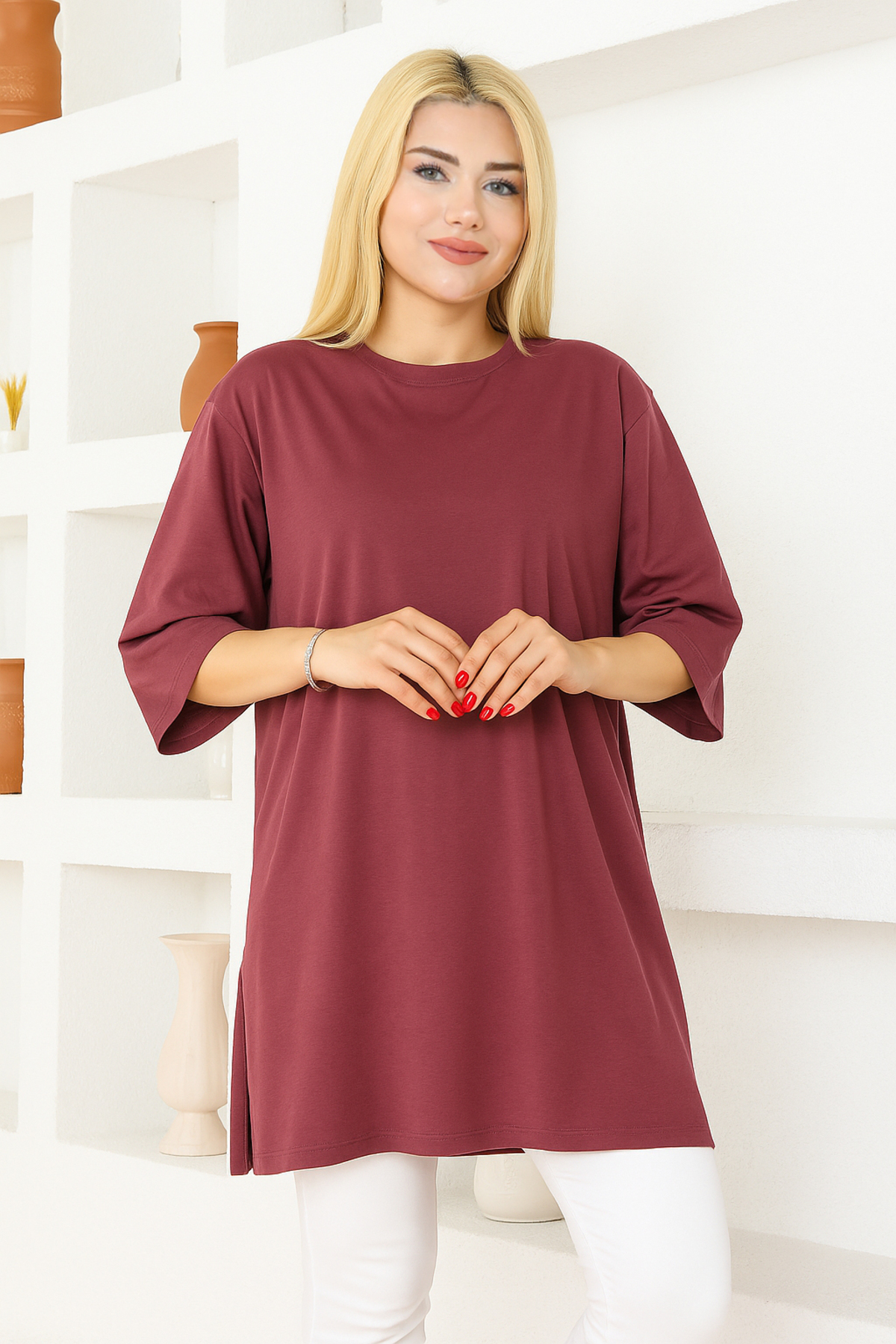 Women's Dusty Rose Oversized Tunic T-Shirt – Half Sleeve, Round Neck, Casual Cut