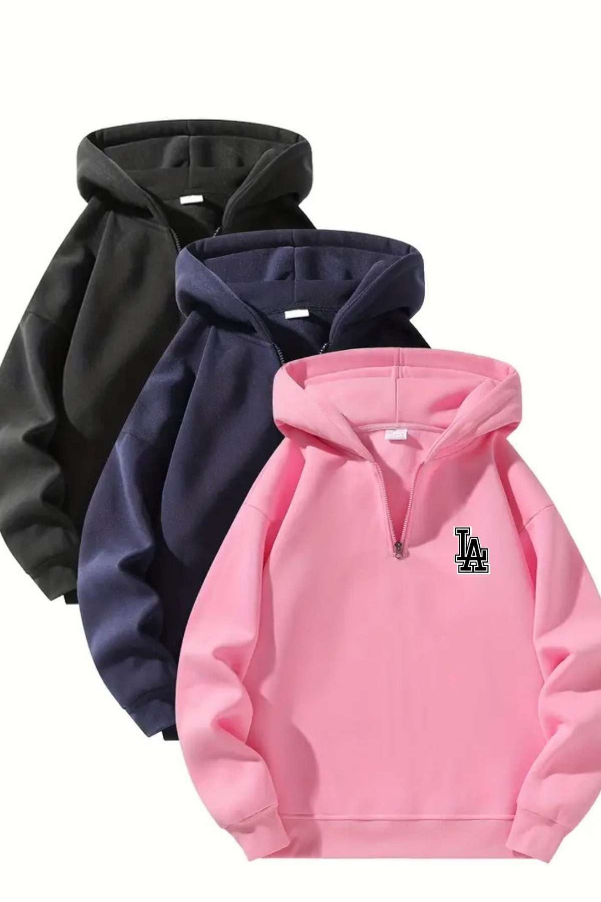 DUBU BUTİK  Unisex Fermuarlı Kapüşonlu Oversize LA Logo Baskılı Sweatshirt – Siyah / Lacivert / Pembe