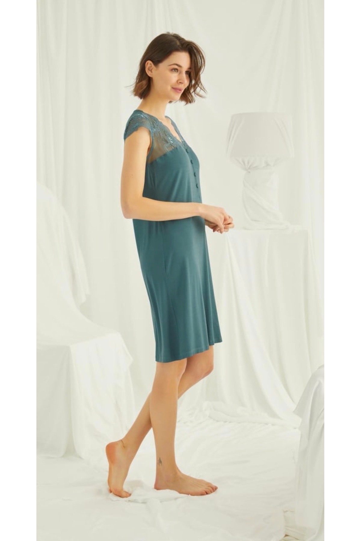 NightLove Monamise Brode Dantelli Önü Düğmeli Gecelik 19302