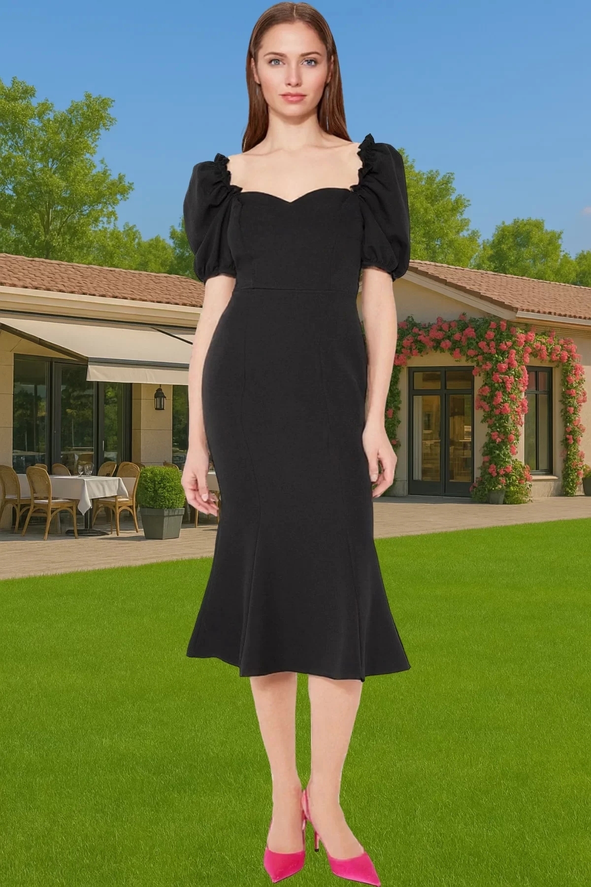 Kadın Midi Boy Bodycon Dokuma Abiye Elbise Balon Kol Kalp Yaka Özel Tasarım Günlük Kullanım