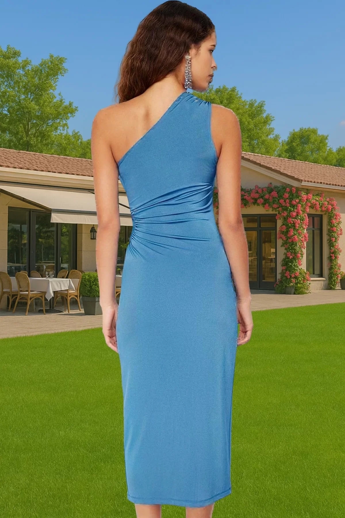 Kadın Tek Omuz Midi Boy Örme Elbise Cut Out Detaylı Özel Günler İçin Yaz Aylarının Vazgeçilmezi