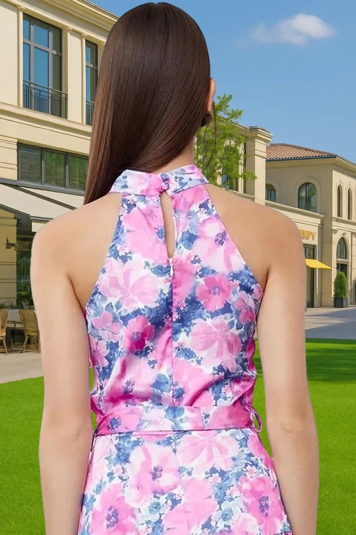 Kadın Çiçek Desenli Mini Saten Elbise Halter Yaka Yazlık Günlük Yaz Aylarının Vazgeçilmezi