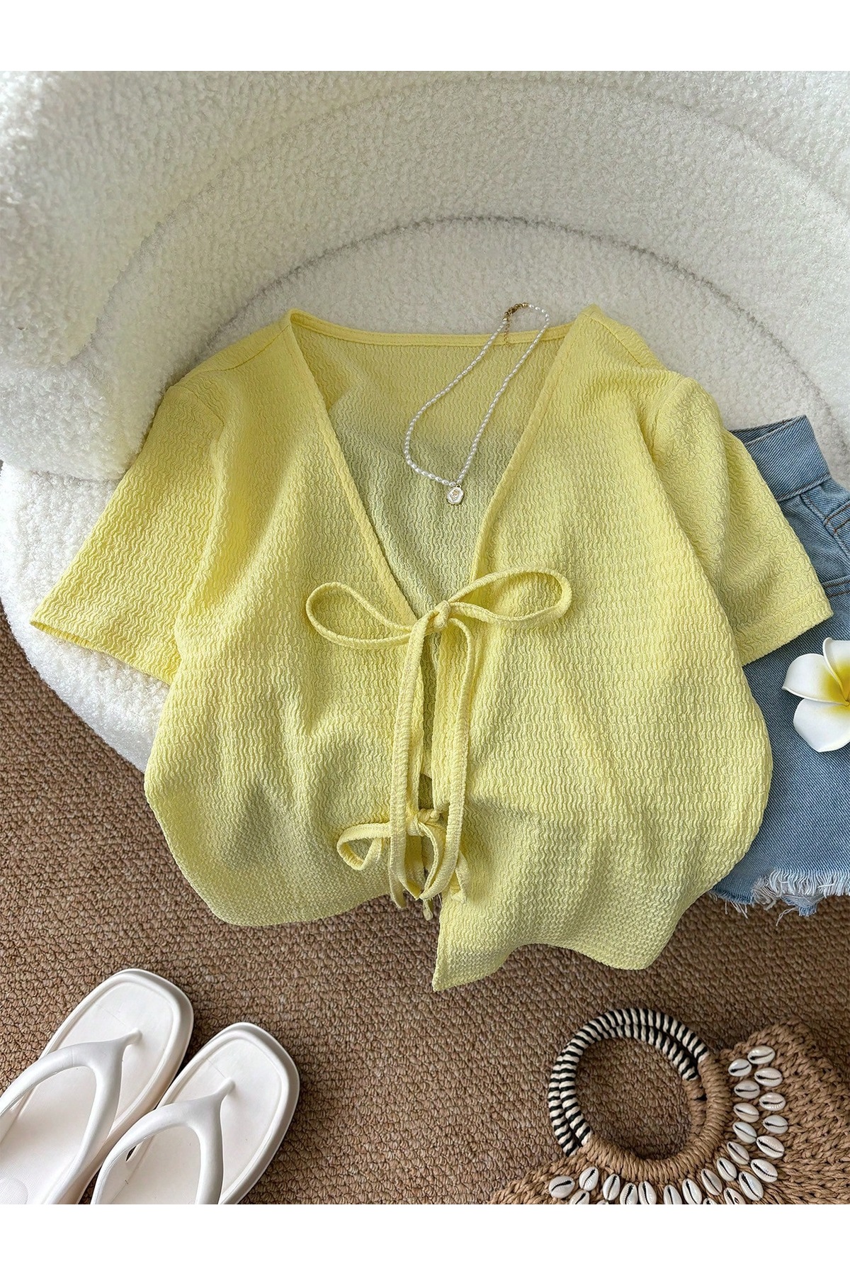 Butter yellow LUNE women 'S open front binding detailed short sleeve top