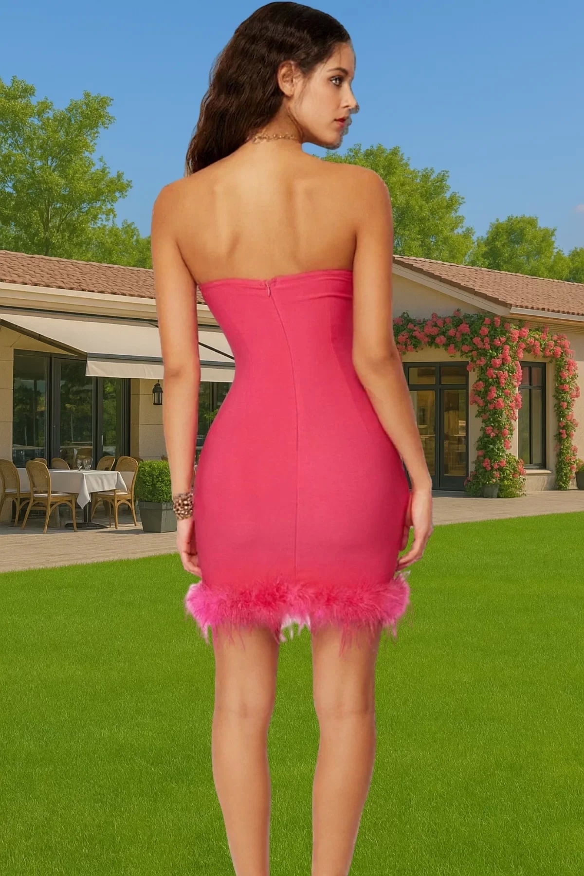 Kadın Mini Bodycon Abiye Elbise Finike Dokuma Tüy Detay Yazlık Günlük Kullanım Özel Günler