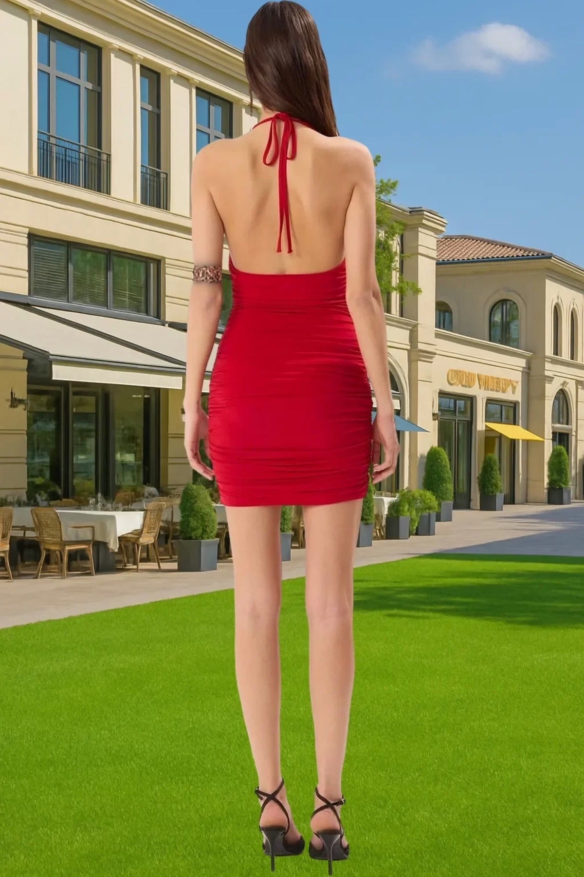 Kadın Kısa Abiye Elbise Degaje Yaka Bodycon Sandy Dokuma Yazlık Yaz Aylarının Vazgeçilmezi