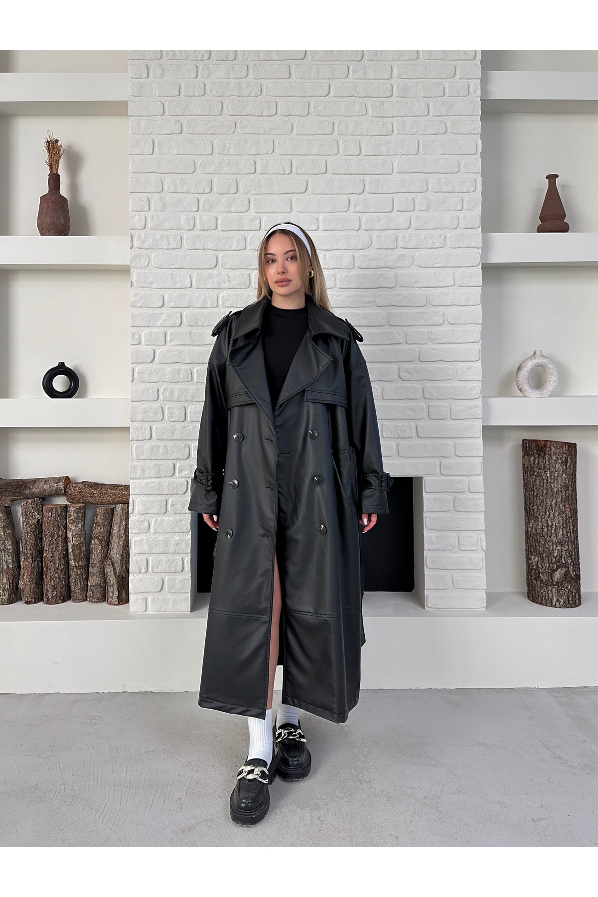 Ekim Store Yeni Sezon Kruvaze Kemerli Oversize Uzun Deri Trençkot görsel 7