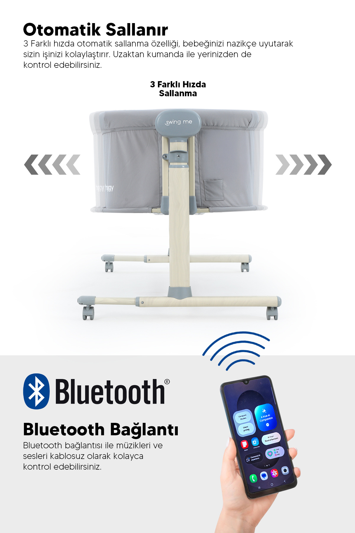 Huggy Gri Swing Me Akıllı Beşik – Otomatik Sallanabilir, Ağlamaya Duyarlı Anne Yanı Oyun Parkı fotoğrafı 7 (önizleme)