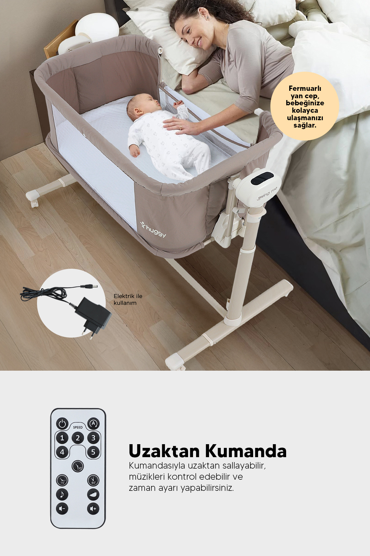 Huggy Gri Swing Me Akıllı Beşik – Otomatik Sallanabilir, Ağlamaya Duyarlı Anne Yanı Oyun Parkı fotoğrafı 4 (önizleme)