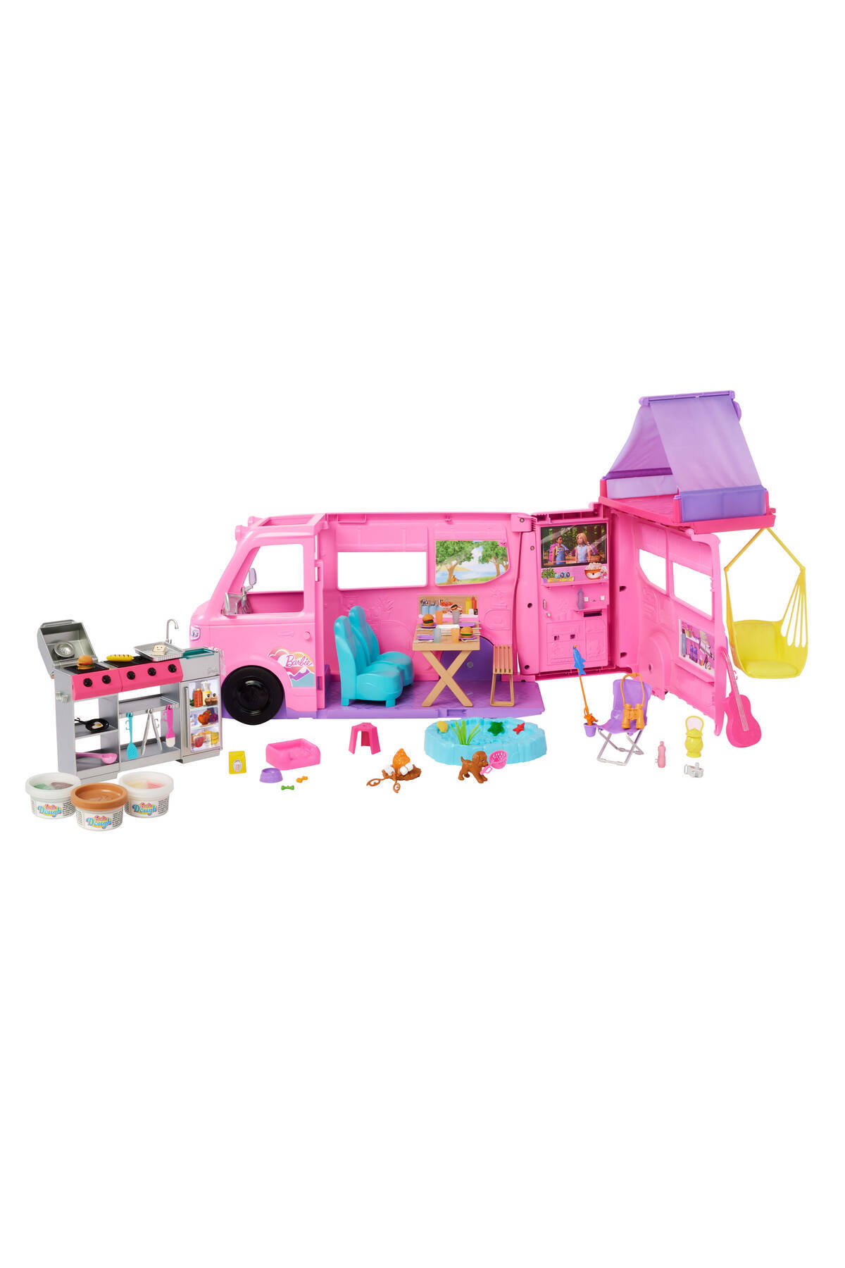 Barbie ®'nin Rüya Karavanı Araç Oyun Seti, Tavan çadırı, barbekü ve 60'tan fazla aksesuarıyla HRJ78