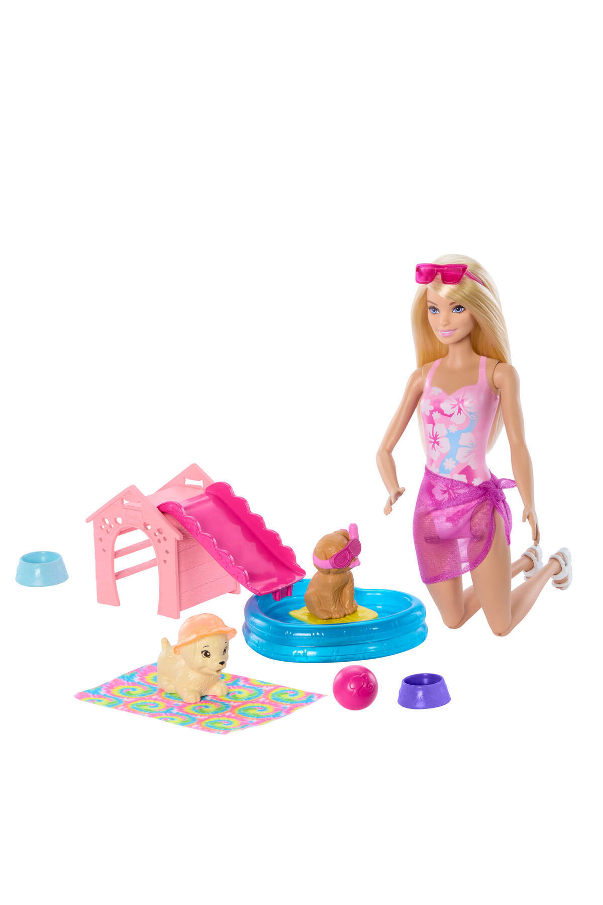 Barbie ® Köpekçikle Havuz Partisi Bebek, havuz, kaydıraklı köpek kulübesi ve 6 aksesuarla JBF35