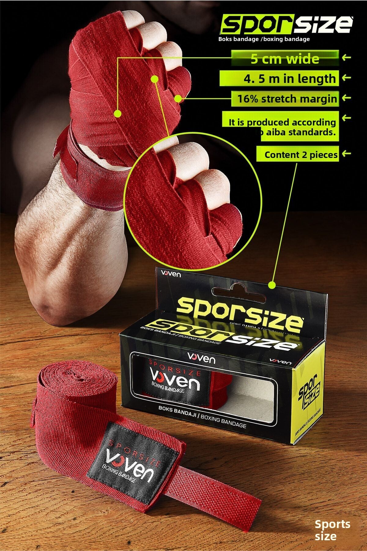 Sporsize-Voven Boxing Muay Thai Bandage Red Boxing Bandage Muay Thai Bandage Hand Wrap Red 4.5 Meters 1