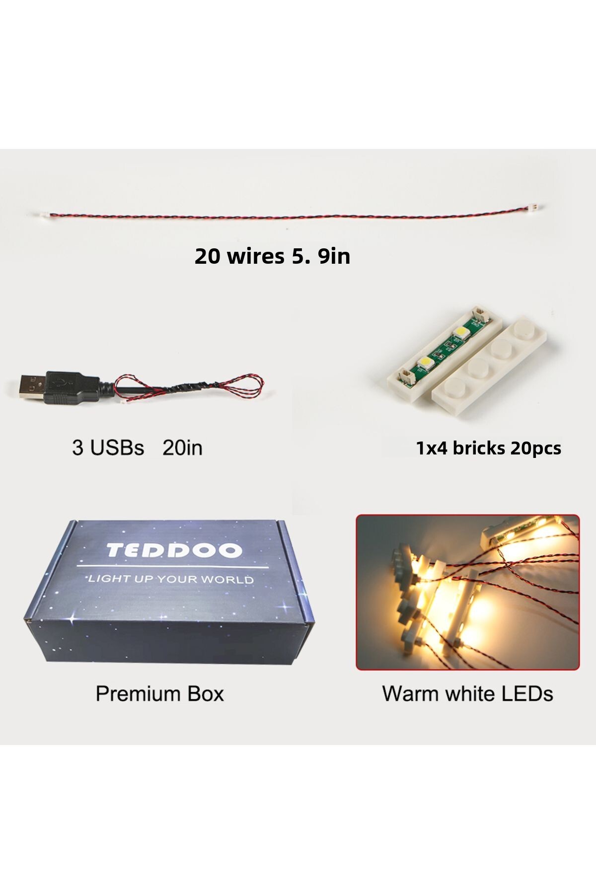 ۲۰ عددی چراغ گرم ۲۰ عدد کیت نورپردازی LED 1×4 (چراغ‌های همه در یک با تغذیه USB) Bricks City DIY Combina