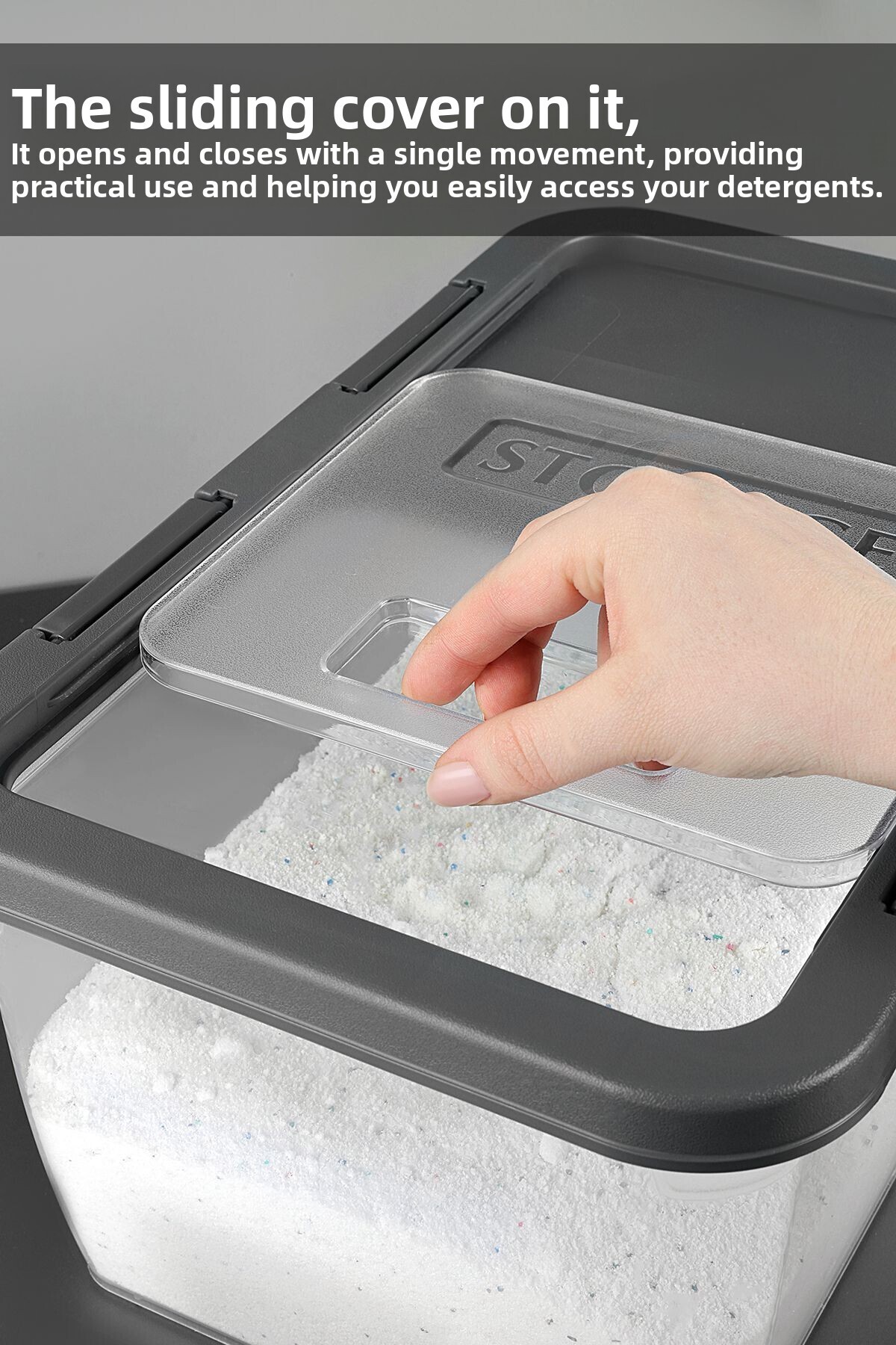 Meleni Home-4 Pieces Labeled Detergent Storage Box - Sliding Lid with Lock Tablet Powder Detergent Container 10 Lt Gray 2