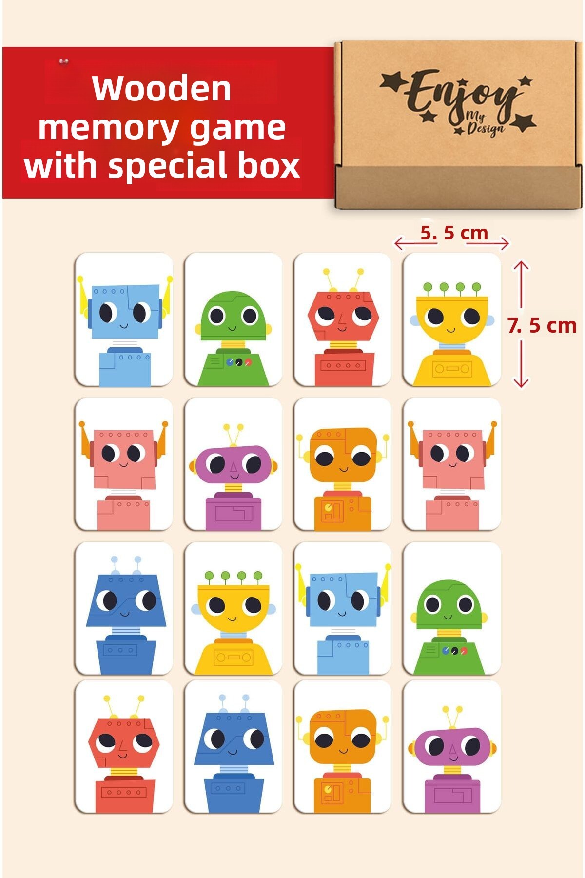 کارت‌های چوبی هوش، بازی جورکردنی با تم ربات‌های بامزه، کارت حافظه، اسباب‌بازی آموزشی چوبی