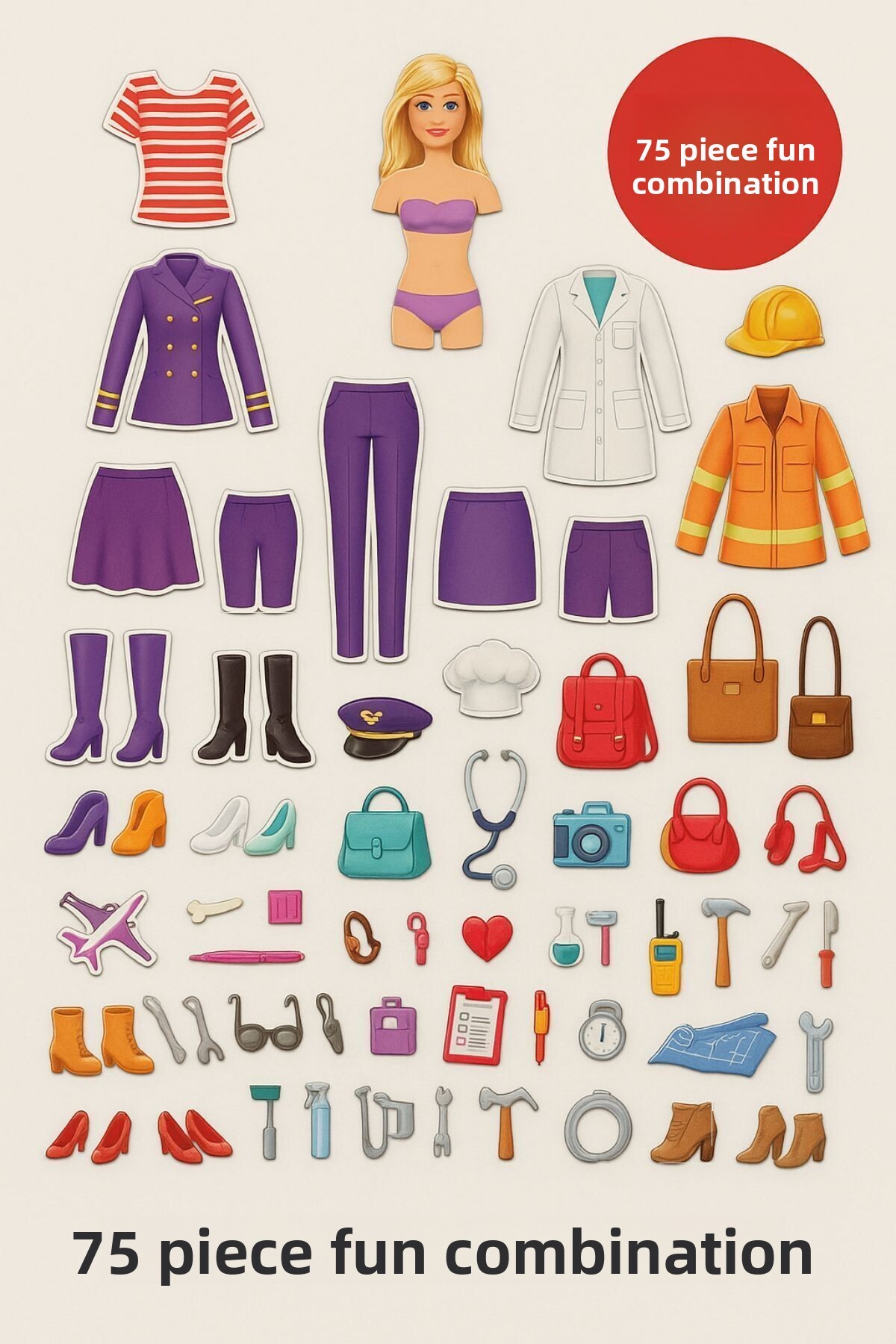 بازی لباس‌پوشی دختر آهنربایی، ۷۵ تکه