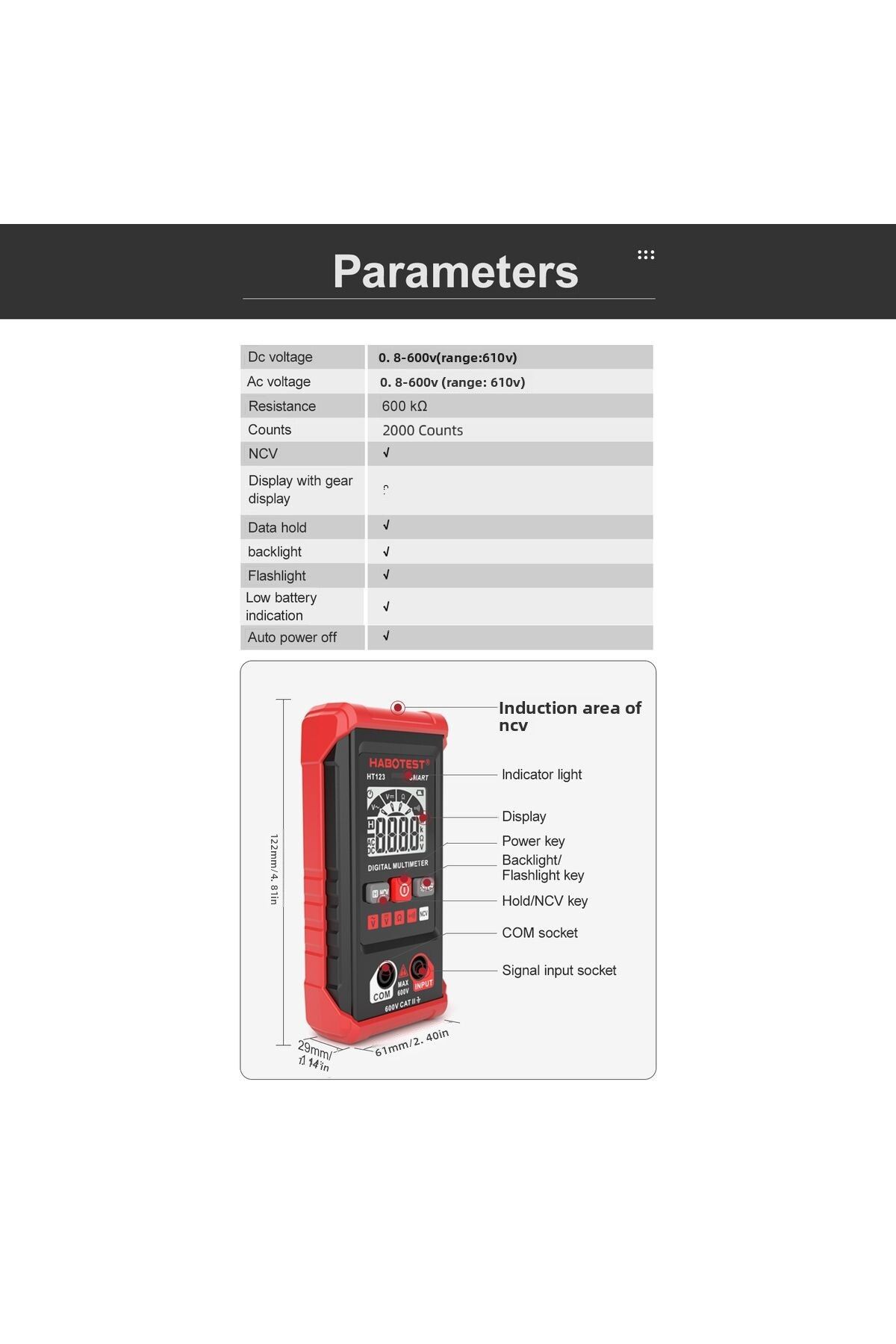 meterk-HABOTEST HT123 Digital Multimeter Auto Range Multi-meter 2,000 Counts True RMS Measuring AC/DC Vo... 4