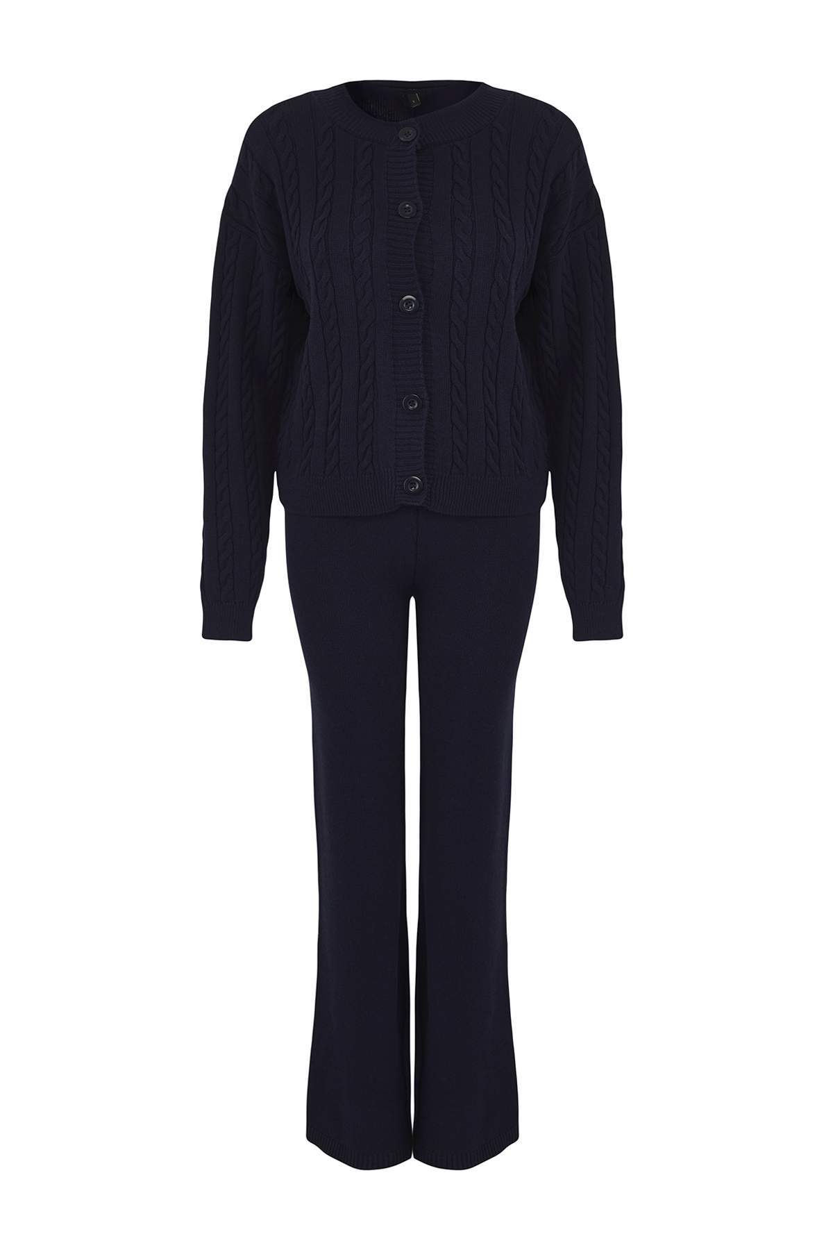 Trendyolmilla  Lacivert Yumuşak Dokulu Saç Örgülü-Düz Triko Alt - Üst Takım TWOAW26AU00009 - Görsel 5