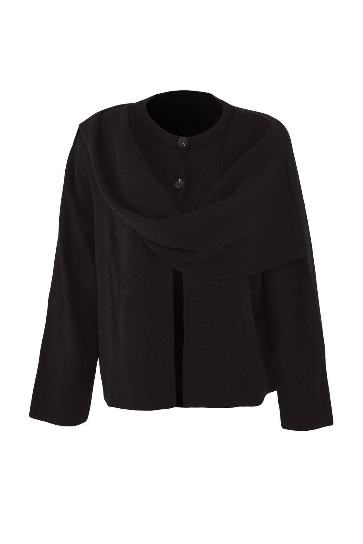 Trendyolmilla  Vücut Seçmeyen Siyah Süper Oversize/Geniş Kalıp Şal Detaylı Triko Panço TWOAW26KZ00160 - Görsel 6