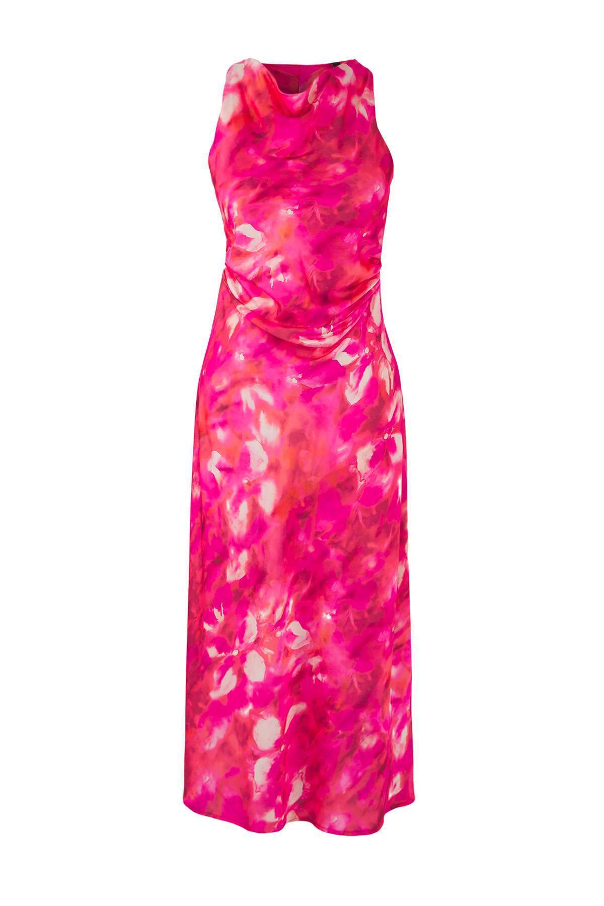 Trendyolmilla  Pembe-Çok Renkli Soyut Saten Midi Astarsız Elbise TPRSS25EL00330 - Görsel 5