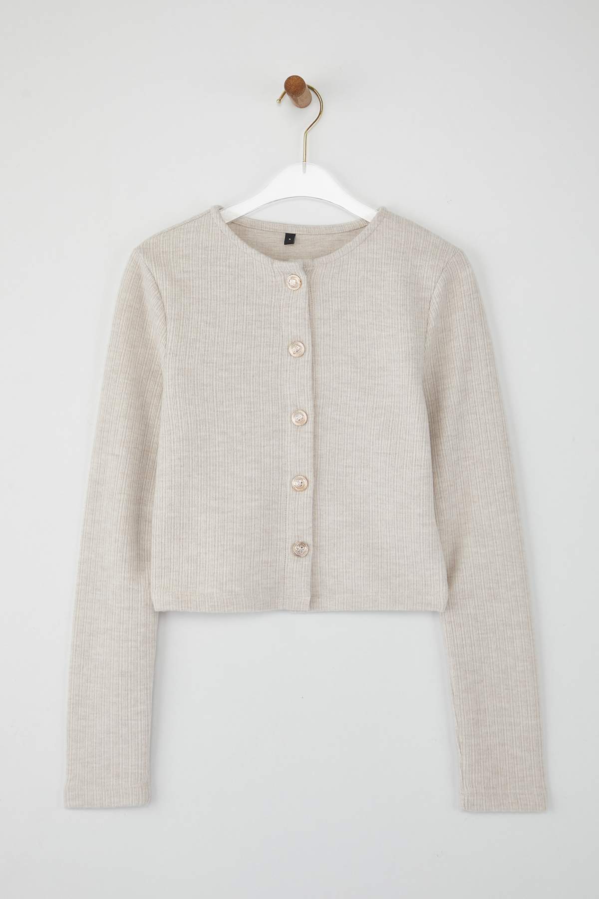 Trendyolmilla  Bej Regular/Normal Kalıp Crop Düğme Detaylı Fırçalı Pointel Esnek Örme Bluz TWOAW26BZ00113 - Görsel 5