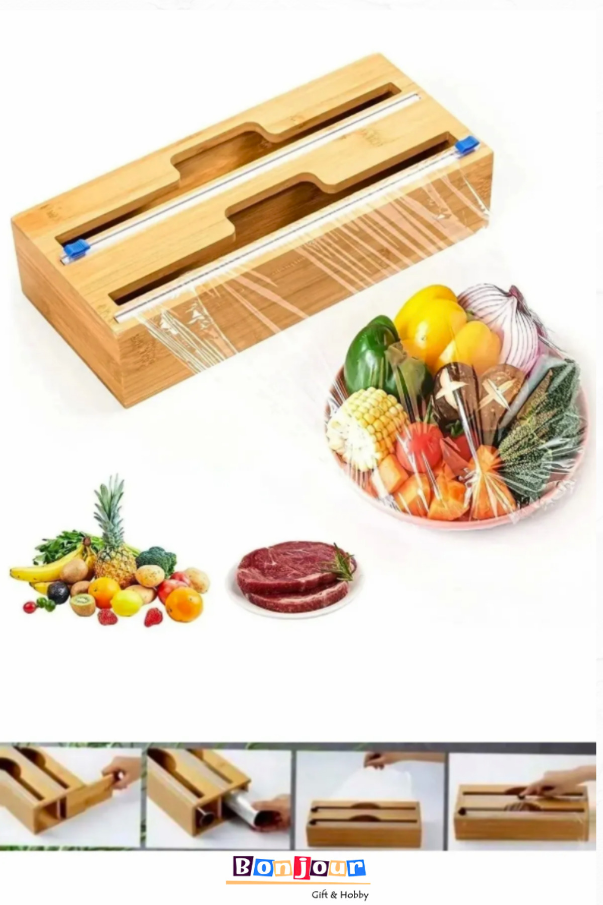 Bonjour Gift & Hobby 2 Bölmeli Bambu Organizer Streç Ve Folyo Kesici Bambu Streçlik Ve Folyo Kesici