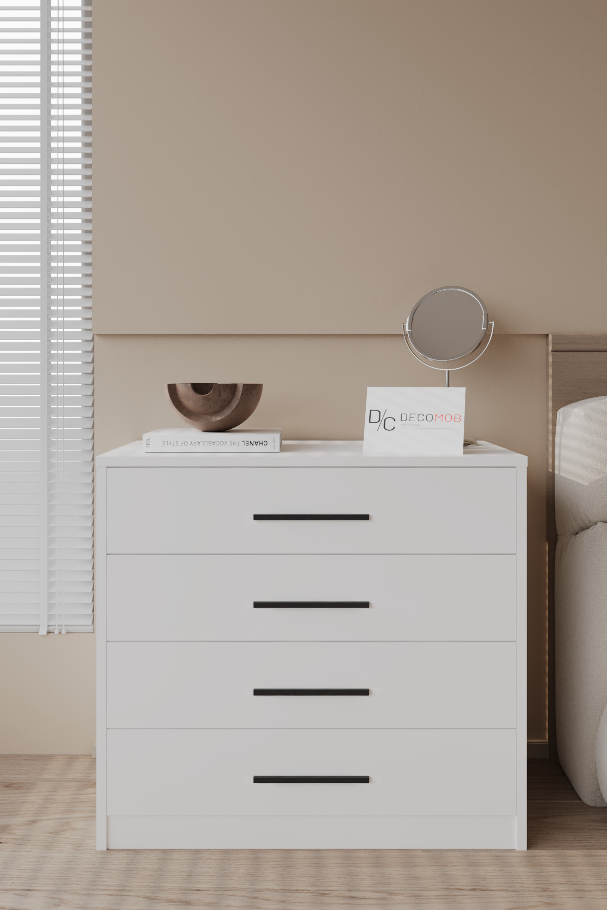 Decomob Alya 4 Çekmeceli Siyah Kulplu Şifonyer Beyaz