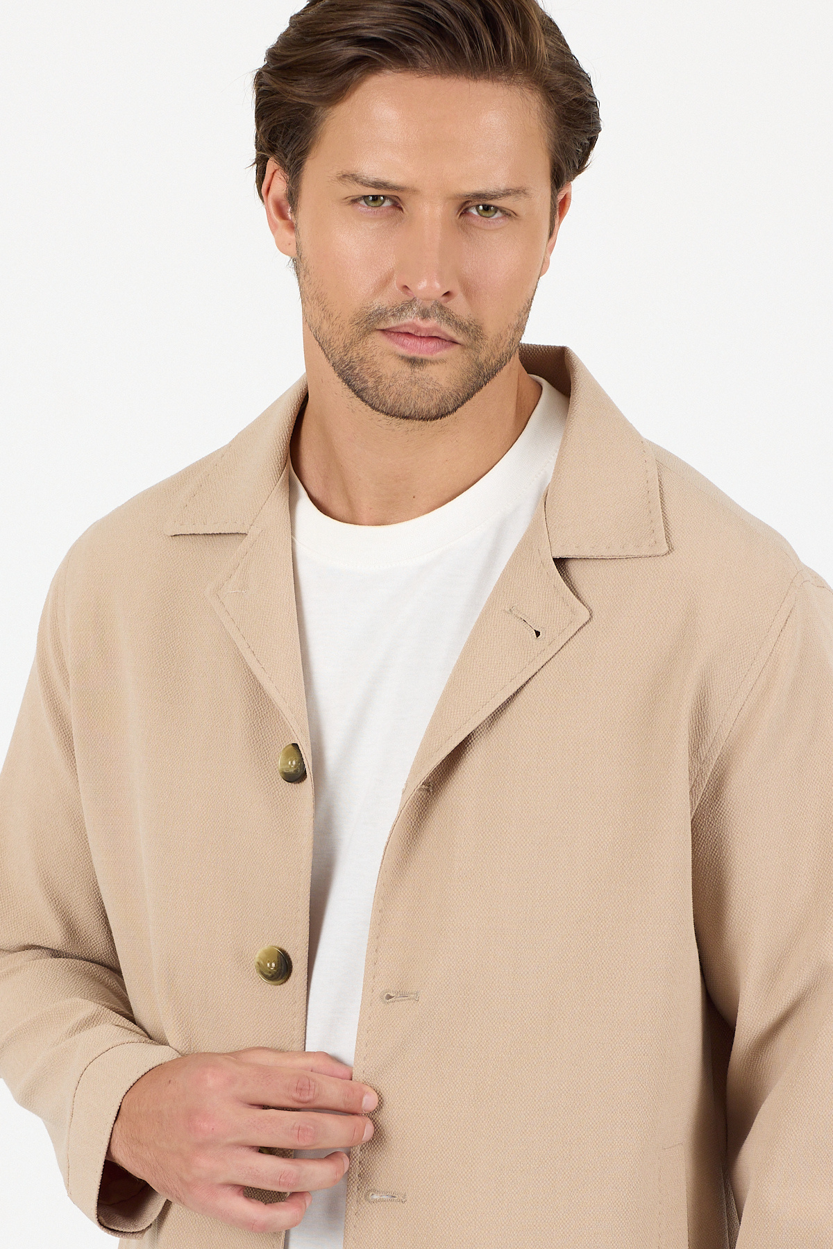 Frappoli-Lucos Men's Beige Lycra Stretch Fabric 2-Piece Overshirt Jacket + Jogger Elastic Pants 2