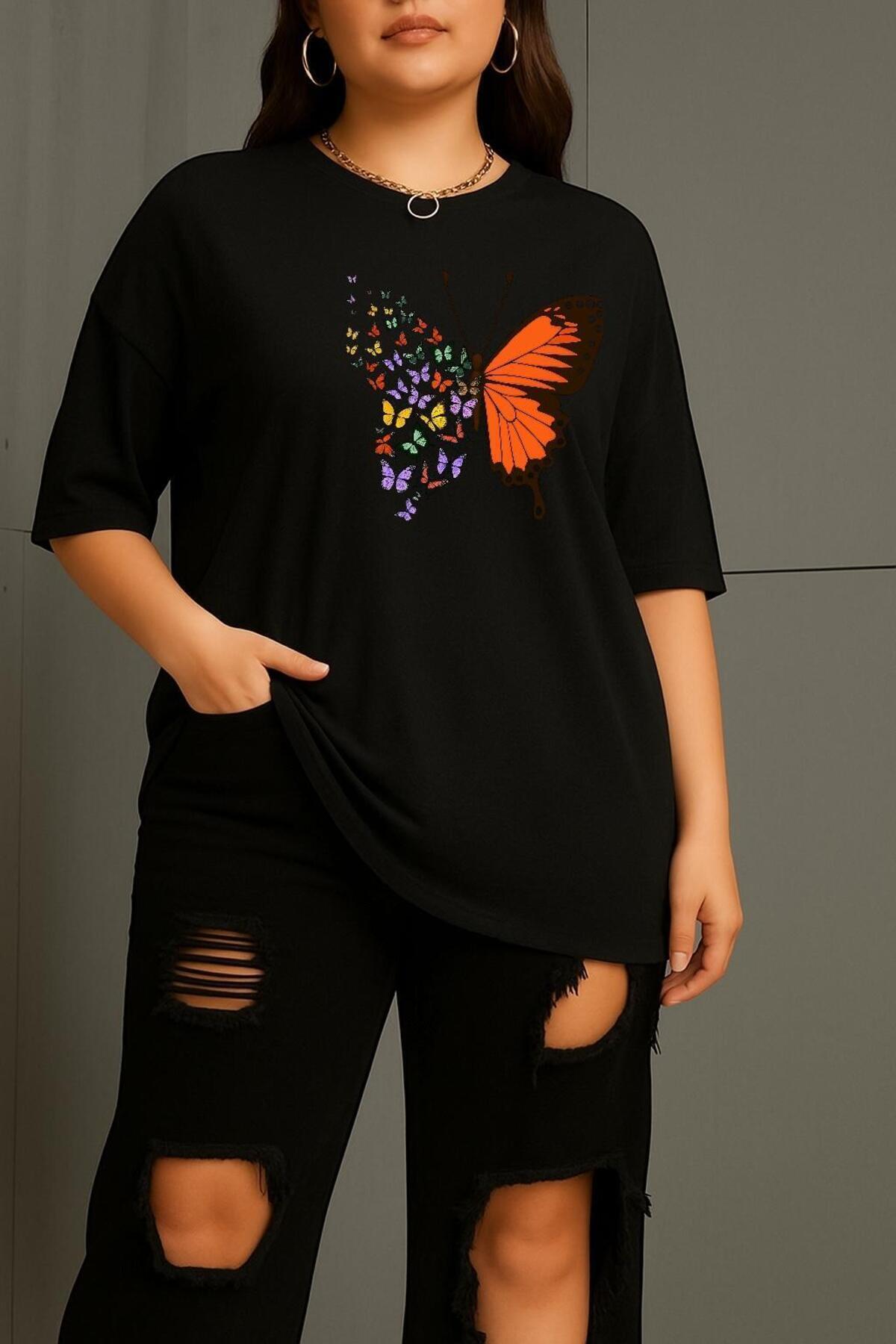 BENROMA Büyük Beden Kelebek Baskılı Unisex Tişört