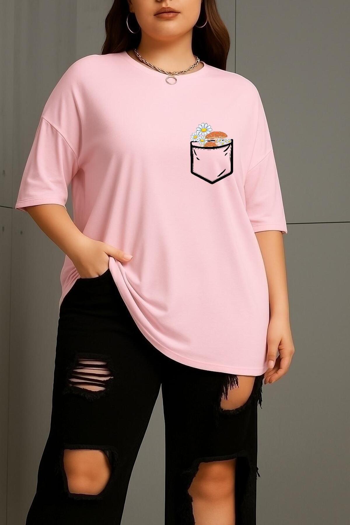 BENROMA Büyük Beden Cep Çiçek Baskılı Unisex Tişört