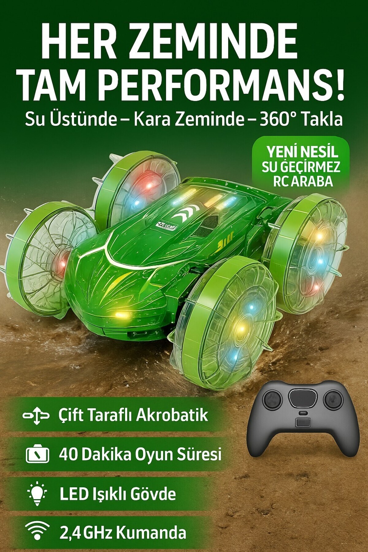 Pshoplay Su Geçirmez 360° Takla Atan Şarjlı RC Araba – LED Işıklı Çift Taraflı Uzaktan Kumandalı Araç