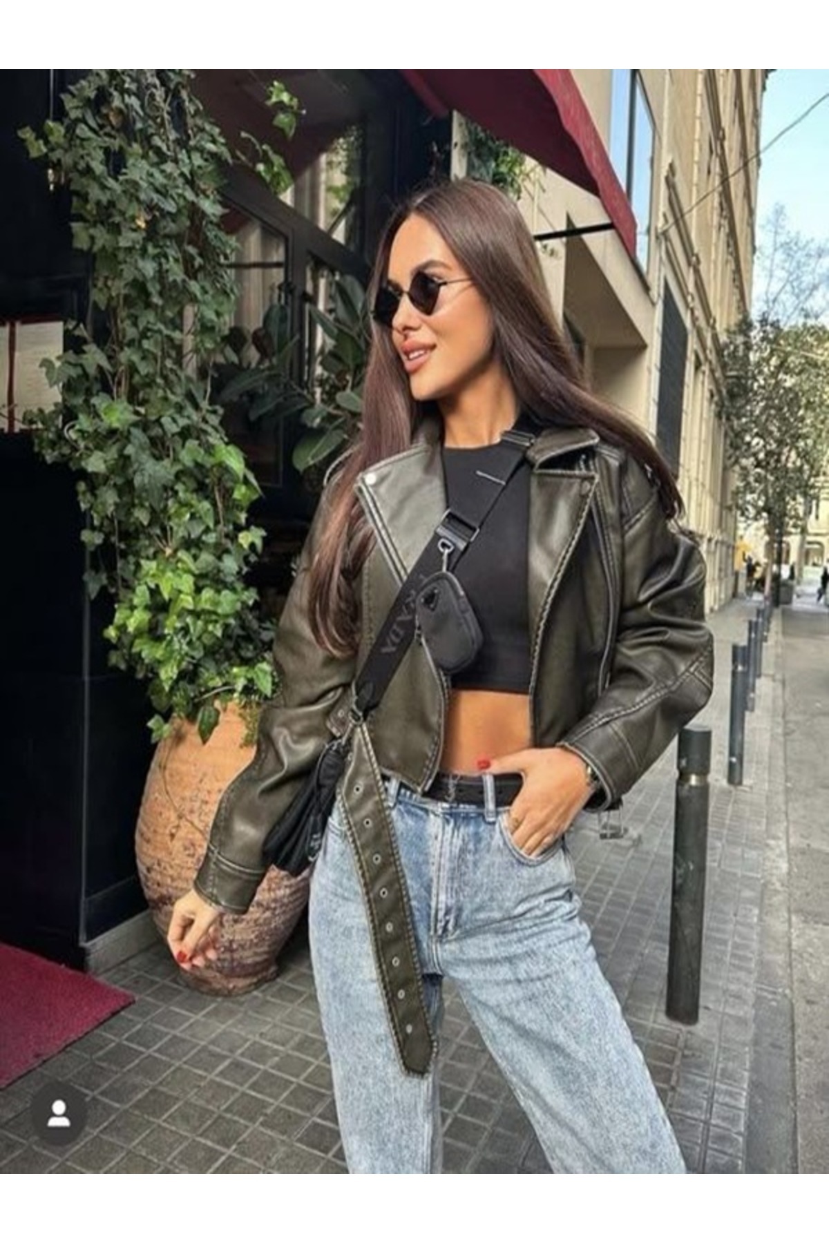 piel island  Yeni Sezon Kemerli Oversize Deri Biker Ceket - Görsel 2