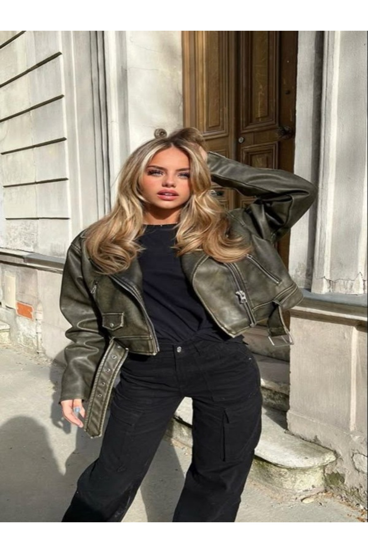 piel island  Yeni Sezon Kemerli Oversize Deri Biker Ceket - Görsel 6