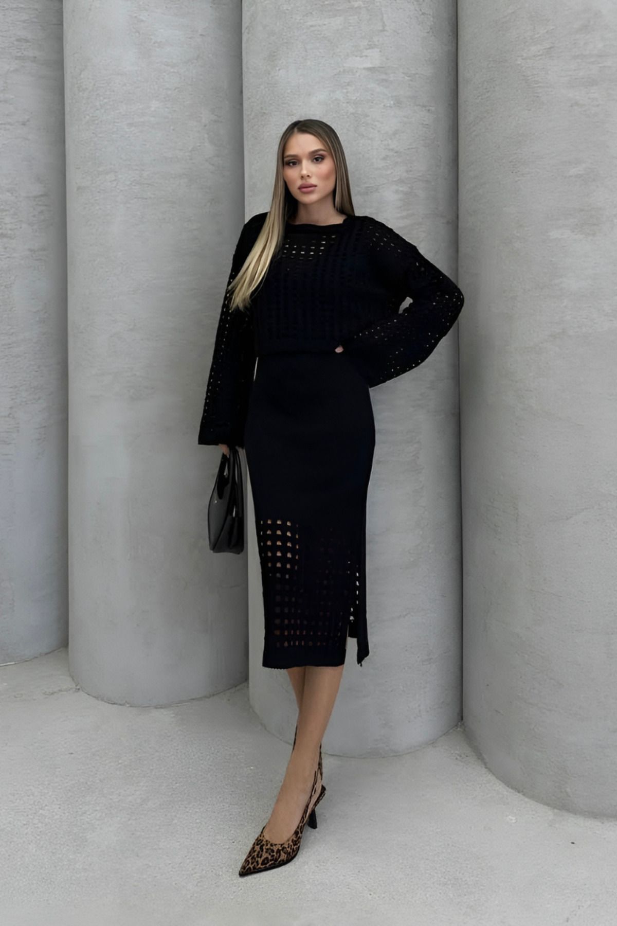 İLKCET MODA-طقم ملابس تريكو مخرمة من الأسفل والأعلى 1
