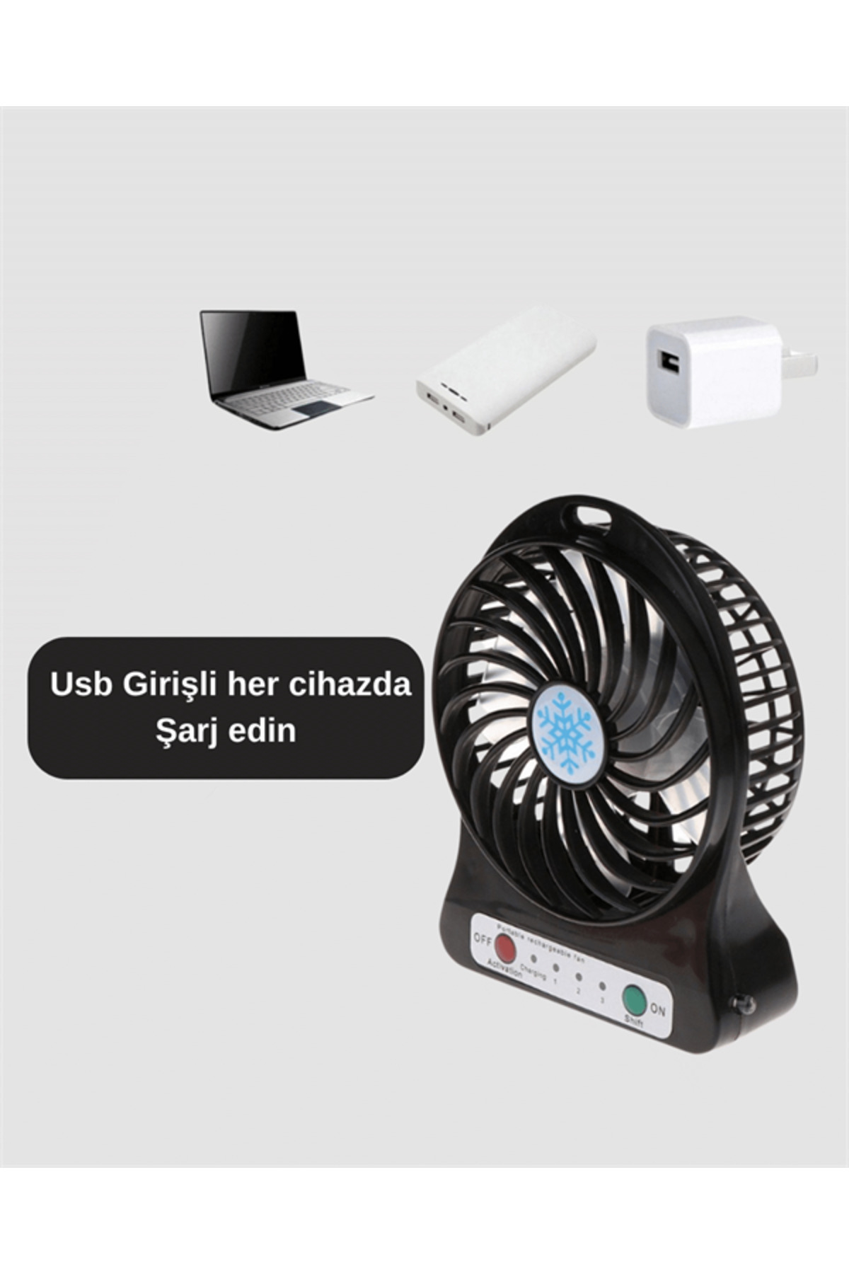 UCUZTEKNO Şarjlı USB Fan – Masaüstü Mini Vantilatör, Taşınabilir, Işıklı, 3 Kademeli, Sessiz