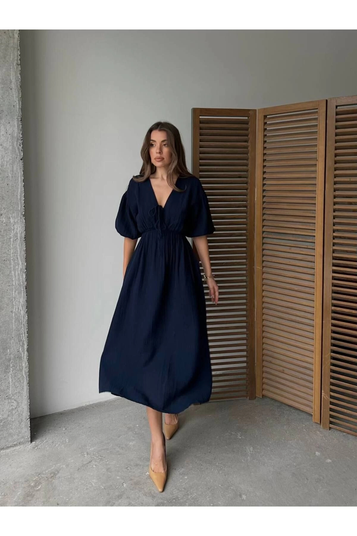 Women's V-Neck Navy Blue Muslin Fabric Short Sleeve Dress