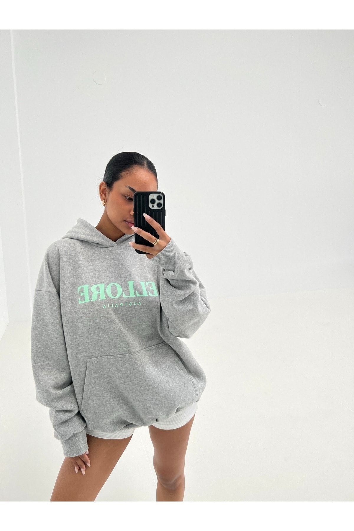 DUBU BUTİK-Φούτερ Ellore Australia - Γκρι εμπριμέ κουκούλα oversize 2