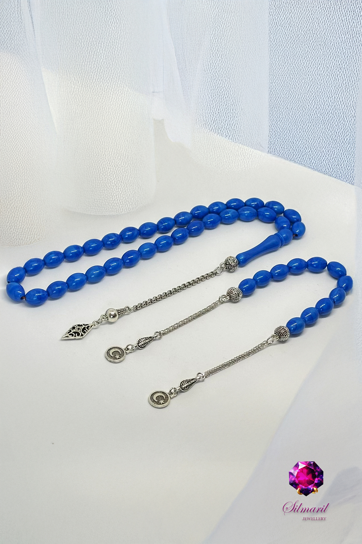 Kişiye Özel Harfli Erkek Hediyelik Kehribar Tesbih + Zaza Set (Hareli Mavi)