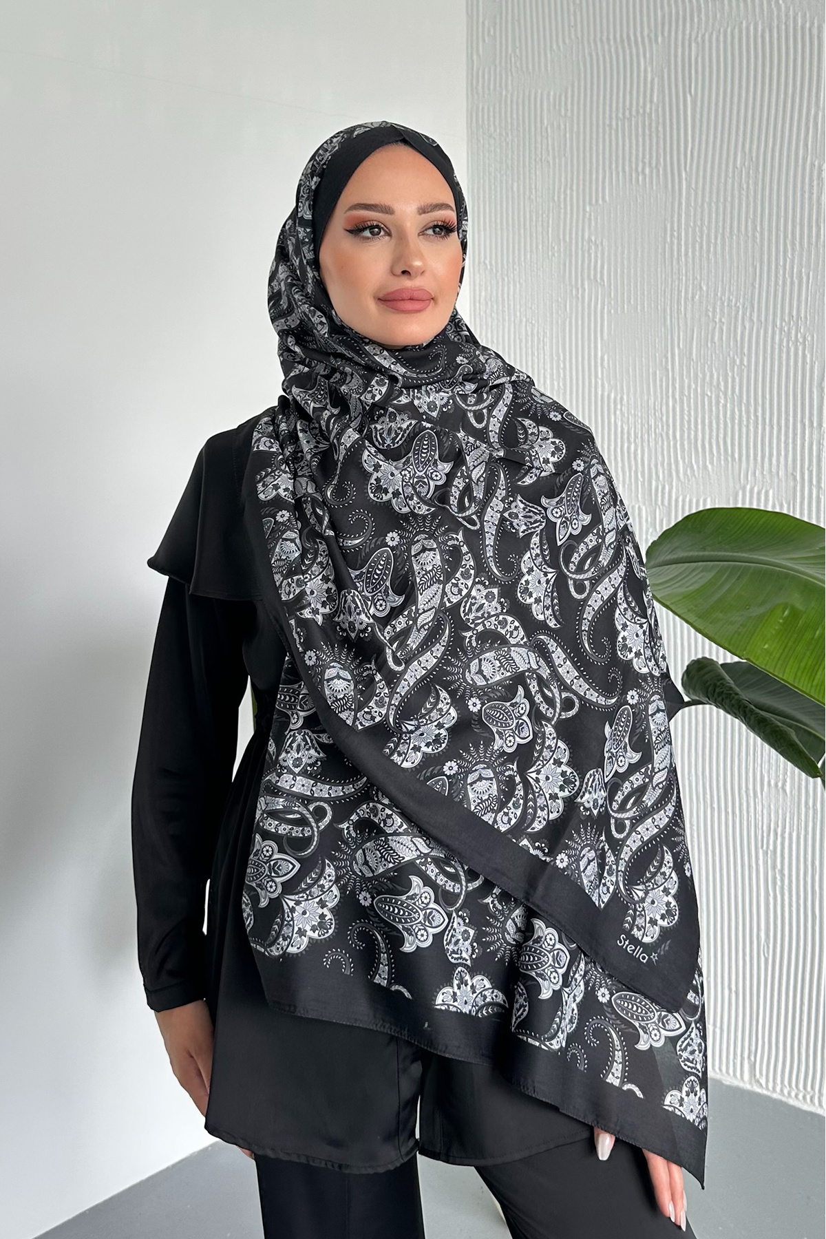 Stella Eşarp-Ethnic Shawl Patterned Black-Grey Color Soft Cotton Shawl 5