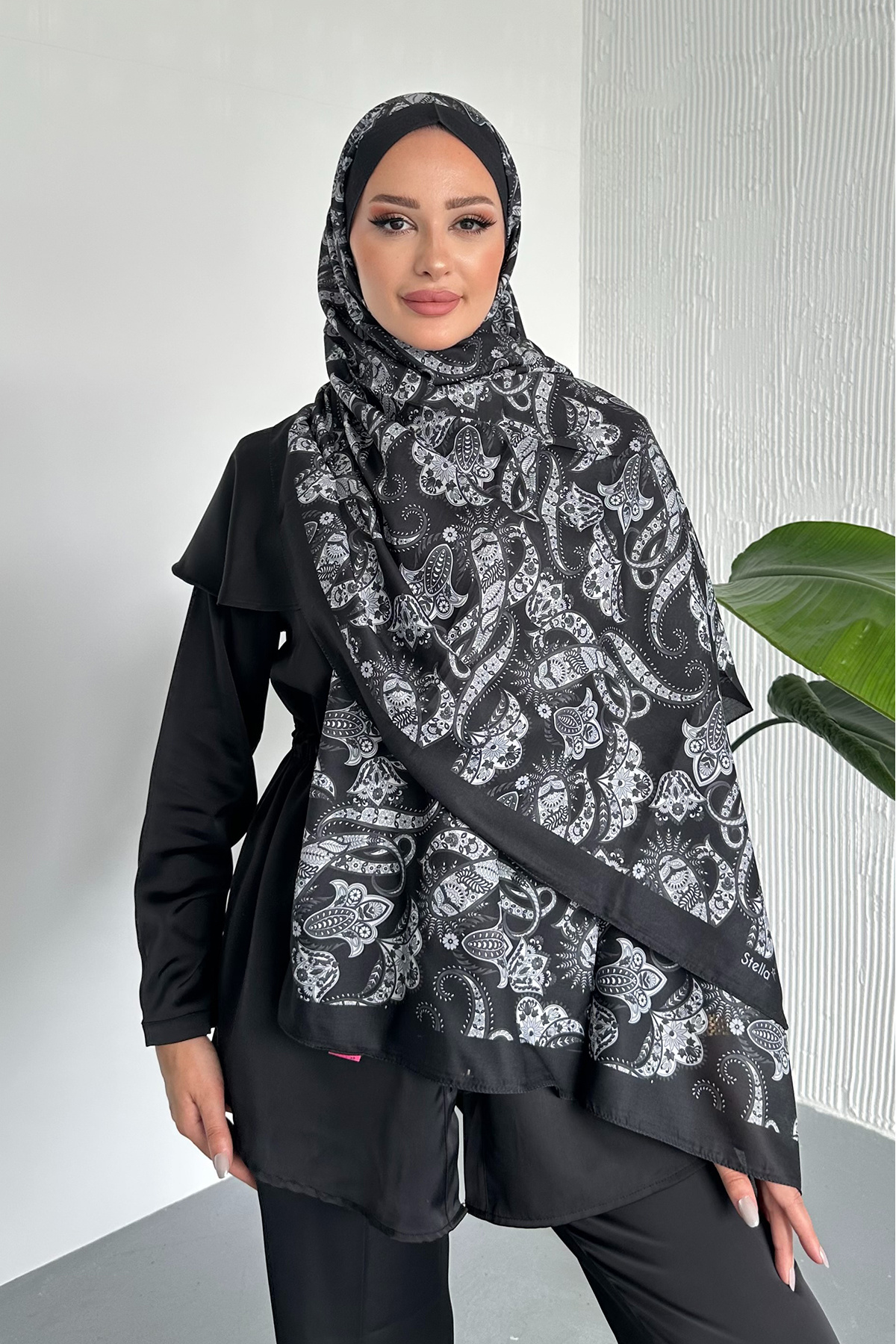 Stella Eşarp-Ethnic Shawl Patterned Black-Grey Color Soft Cotton Shawl 3