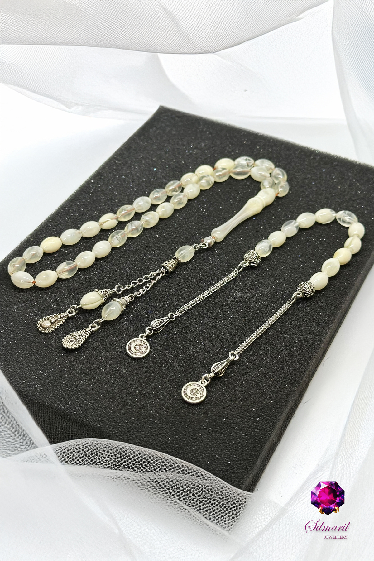 Kişiye Özel Harfli Erkek Hediyelik Kehribar Tesbih + Zaza Seti (Hareli Beyaz)