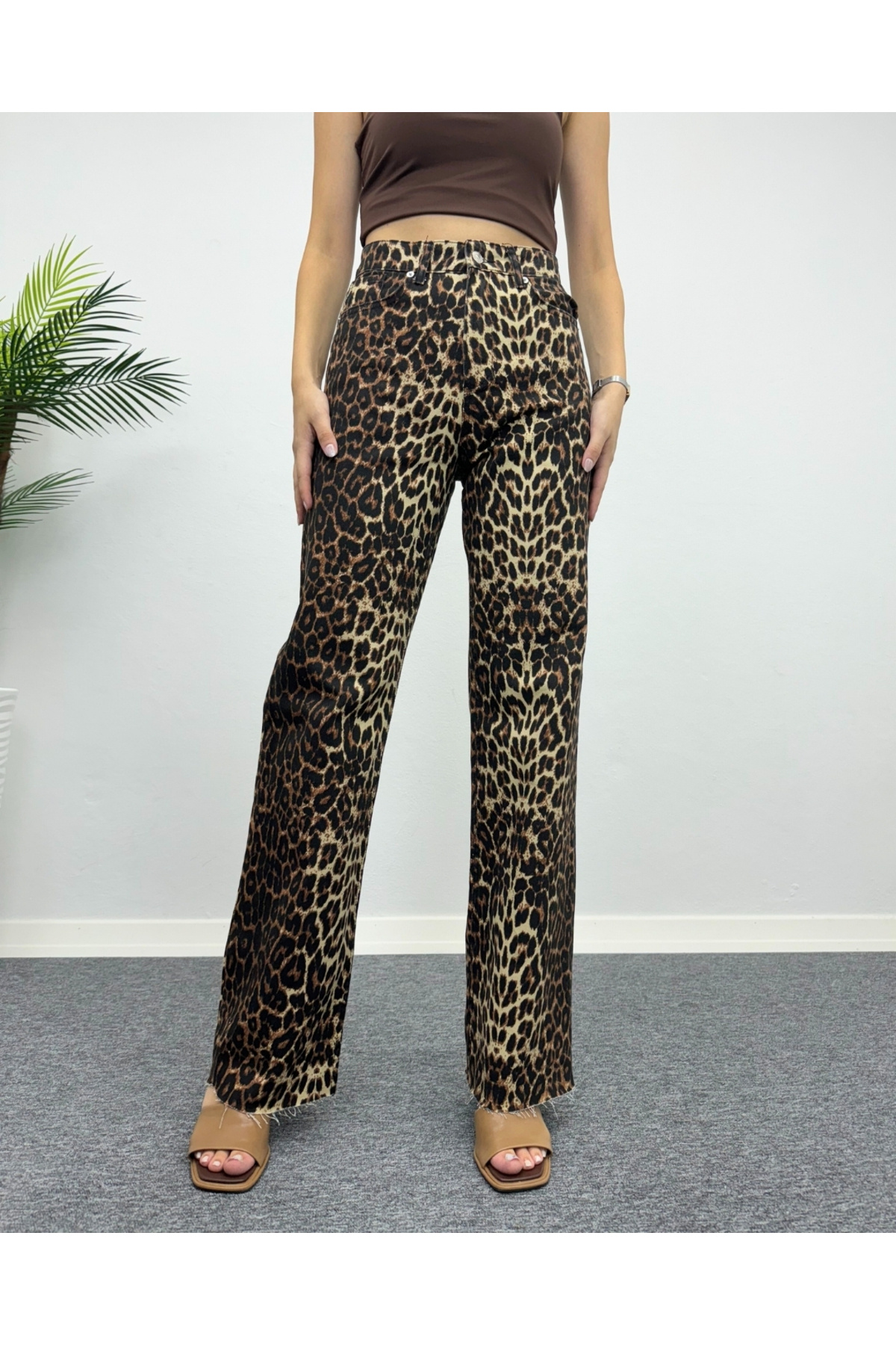 Kadın Leopar Desen Wide Leg Palazzo Jean Pantolon