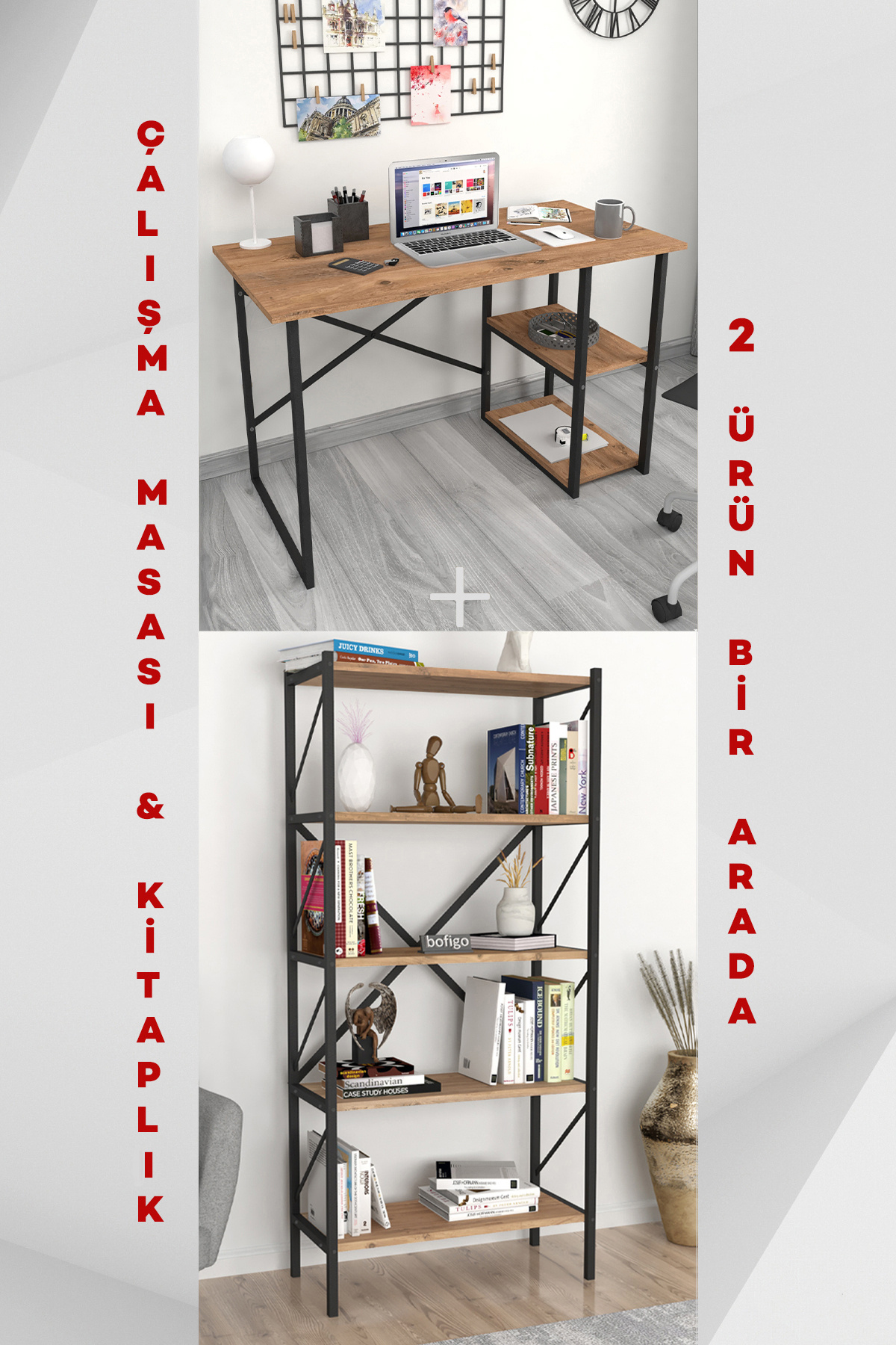 Bofigo 2 Raflı Çalışma Masası Bilgisayar Masası Ofis Ders Masası + 5 Raflı Kitaplık Metal Kitaplık Çam