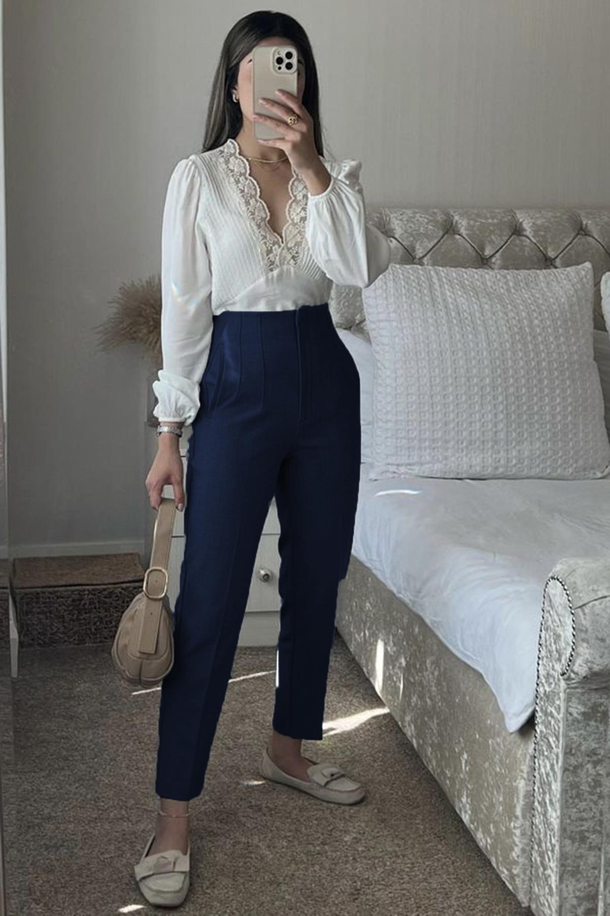 Navy Blue Front High Waist Women's Trousers MG2425