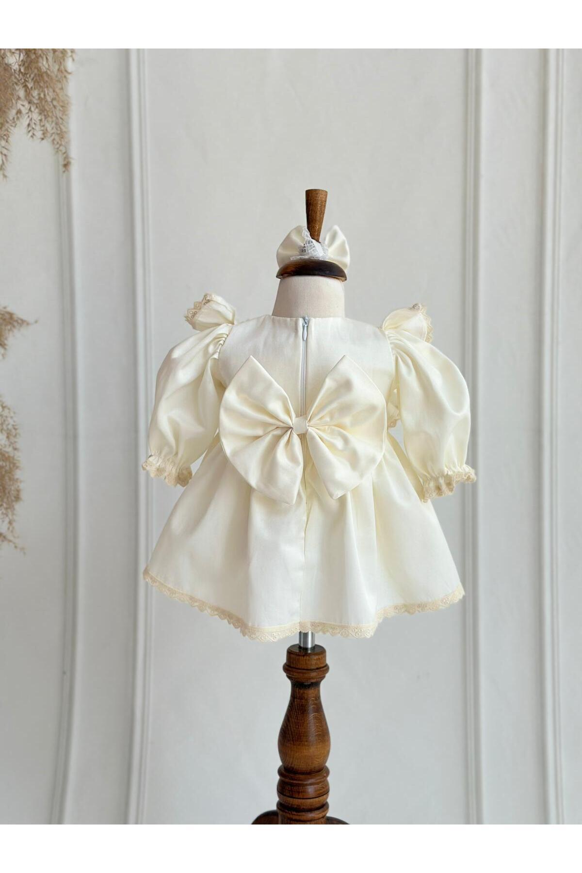 Hobidik Kız Bebek Çocuk Pamuk Saten Krem Fistolu Mevlüt Elbise Seti fotoğrafı 4 (önizleme)