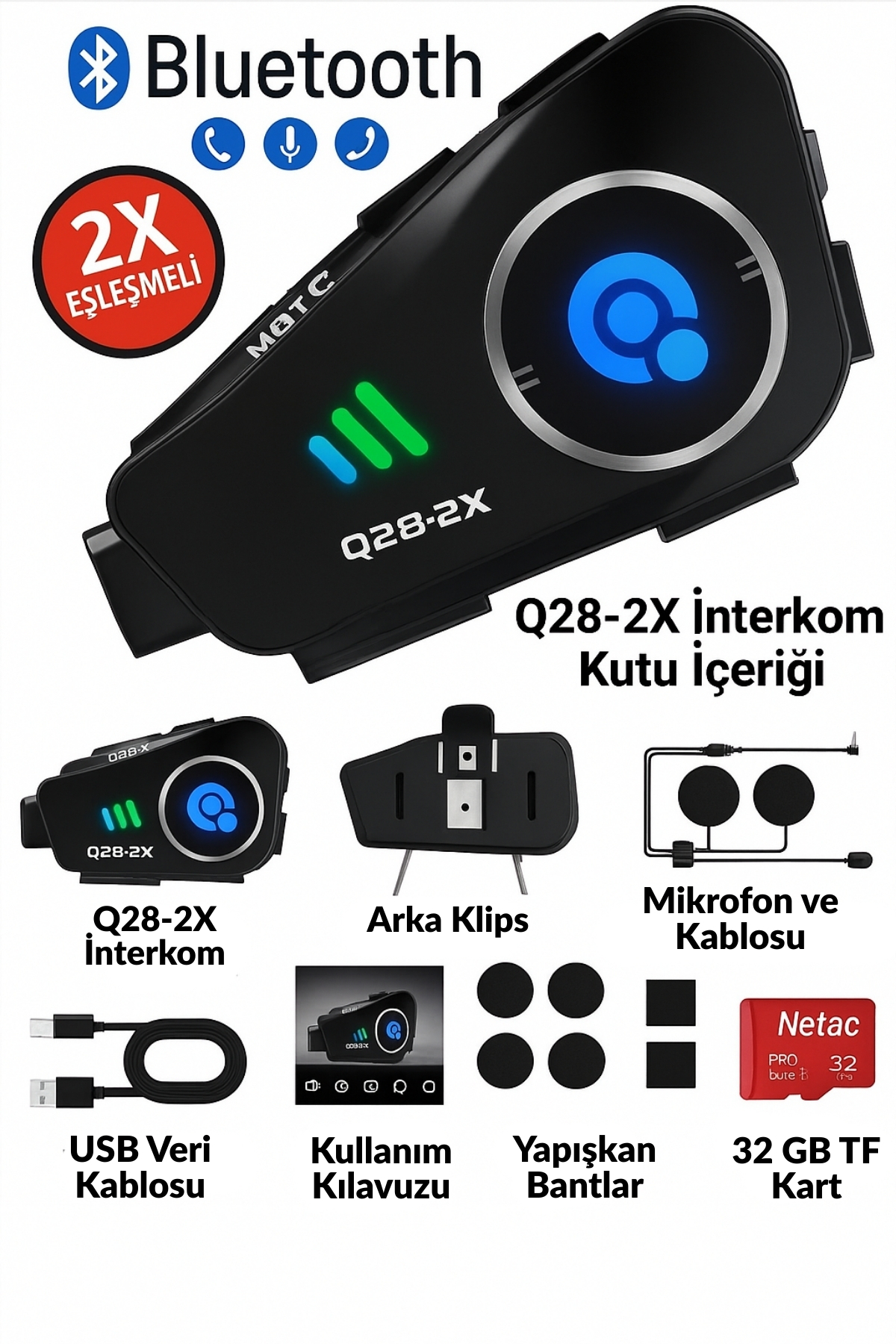YKK Store Q28-2X Motosiklet Kaskı İçin Bluetooth Interkom ve 1080P