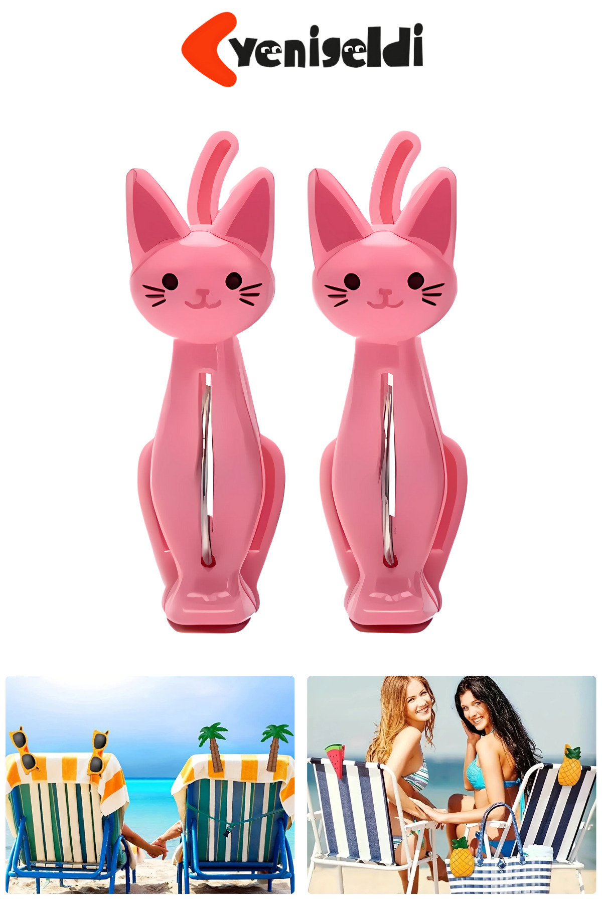 Yenigeldi 2 Adet Pembe Kedi Plaj Havlu Mandal Klipsi – Güçlü Tutuş ve Eğlenceli Tasarım