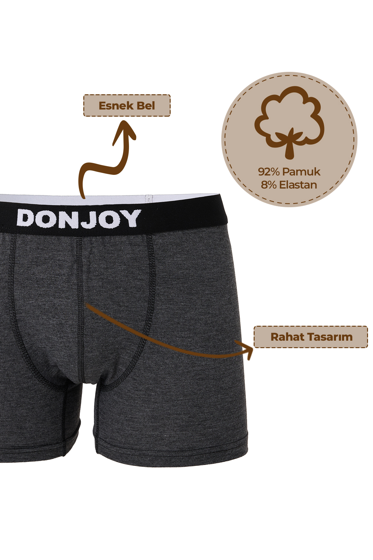 don joy Erkek 5'li Pamuklu Likralı Penye Beli Lastikli Gri Boxer görsel 4