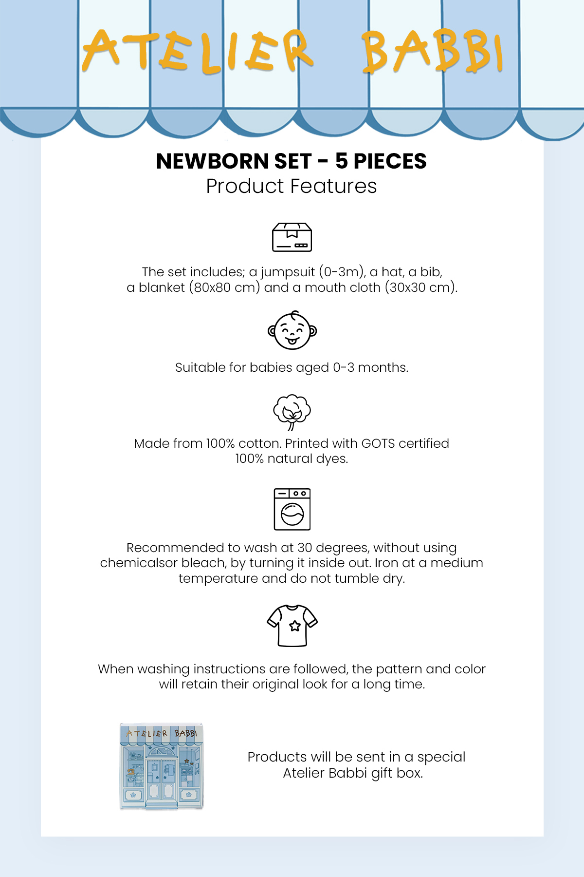 Atelier Babbi %100 Pamuk 5'li Yenidoğan Seti - Toile De Jouy / Mavi fotoğrafı 5 (önizleme)