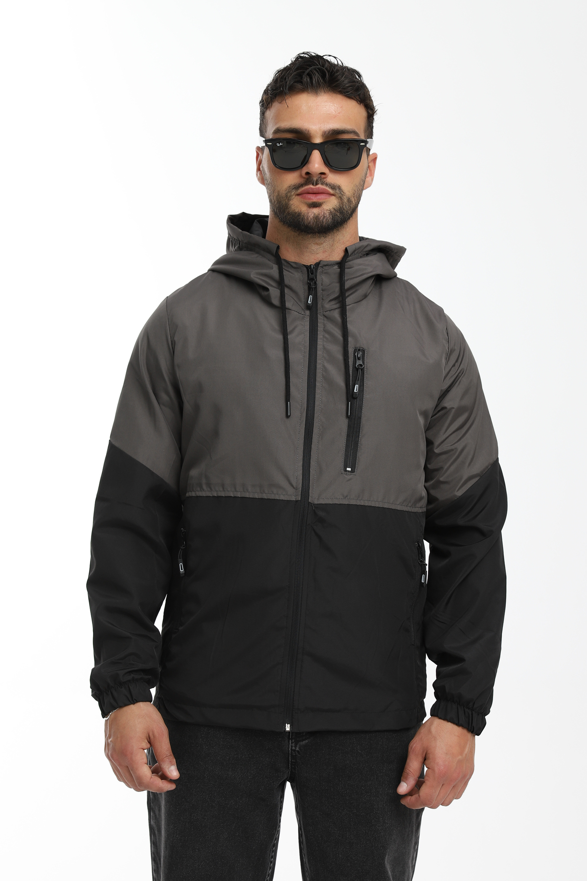 D1fference  Erkek Antrasit -siyah Iki Renk Astarlı Rüzgar Geçirmez Kapüşonlu Mevsimlik Spor Mont - Görsel 2