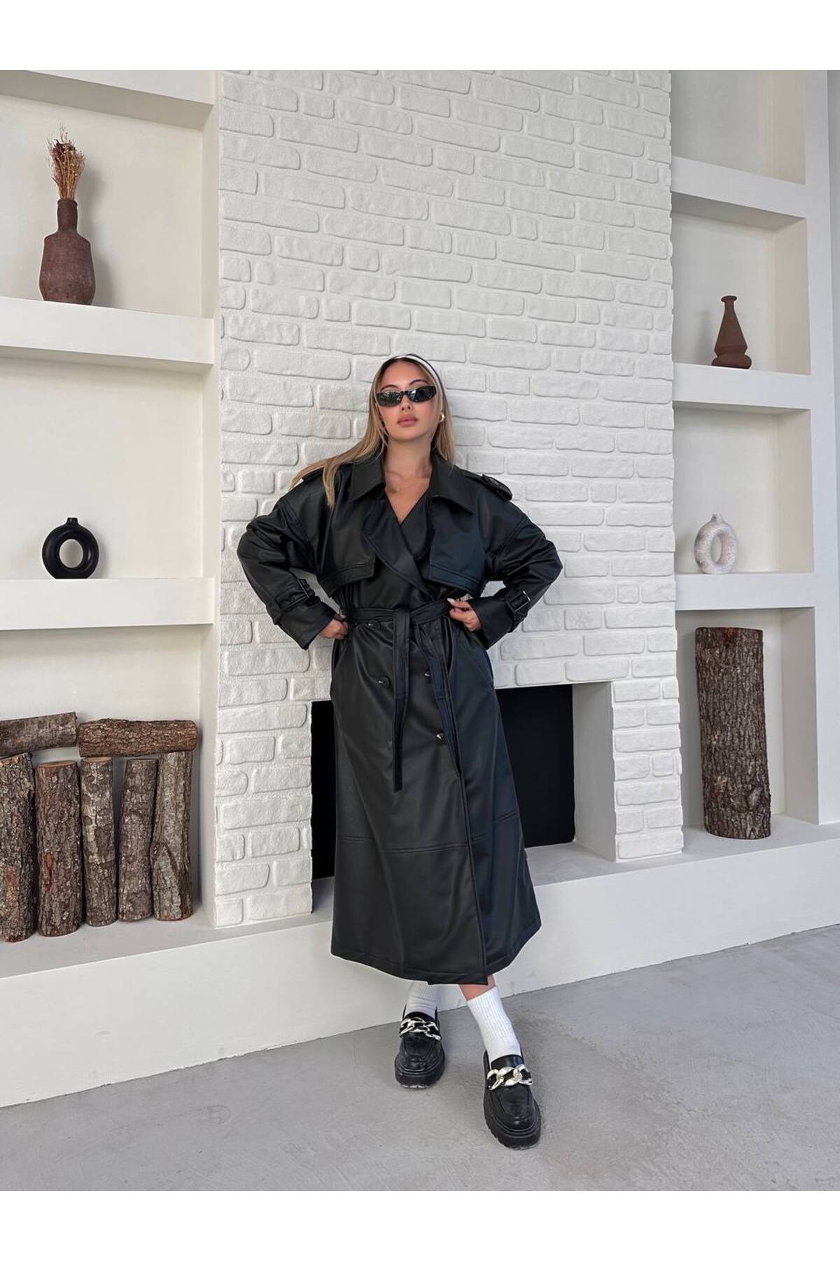 Women's Long Leather Coat Black with Belt - Görsel 4